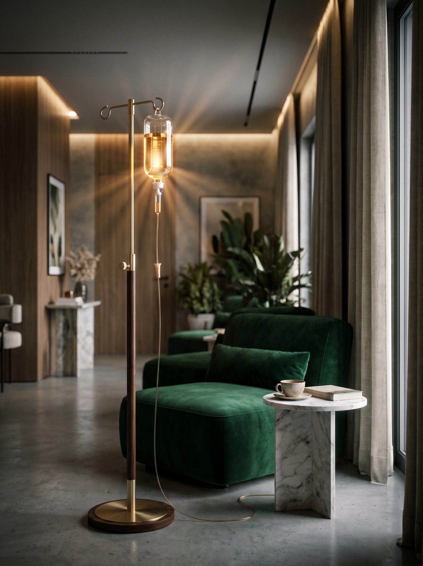 Golden NAD+ IV infusion in a luxury wellness lounge