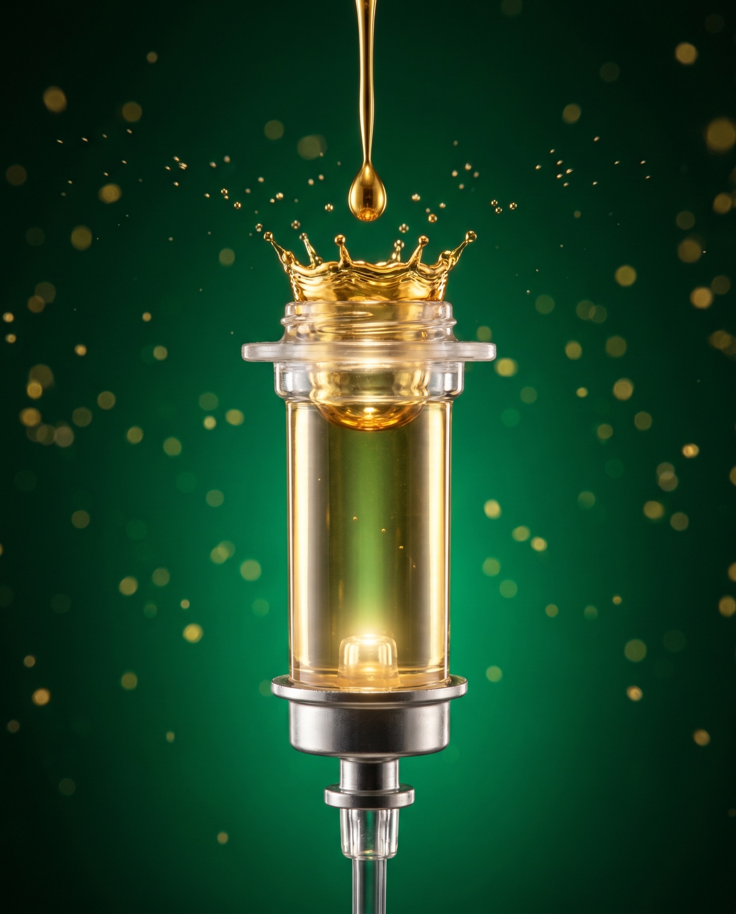 A drop of liquid gold splashing inside an IV drip chamber