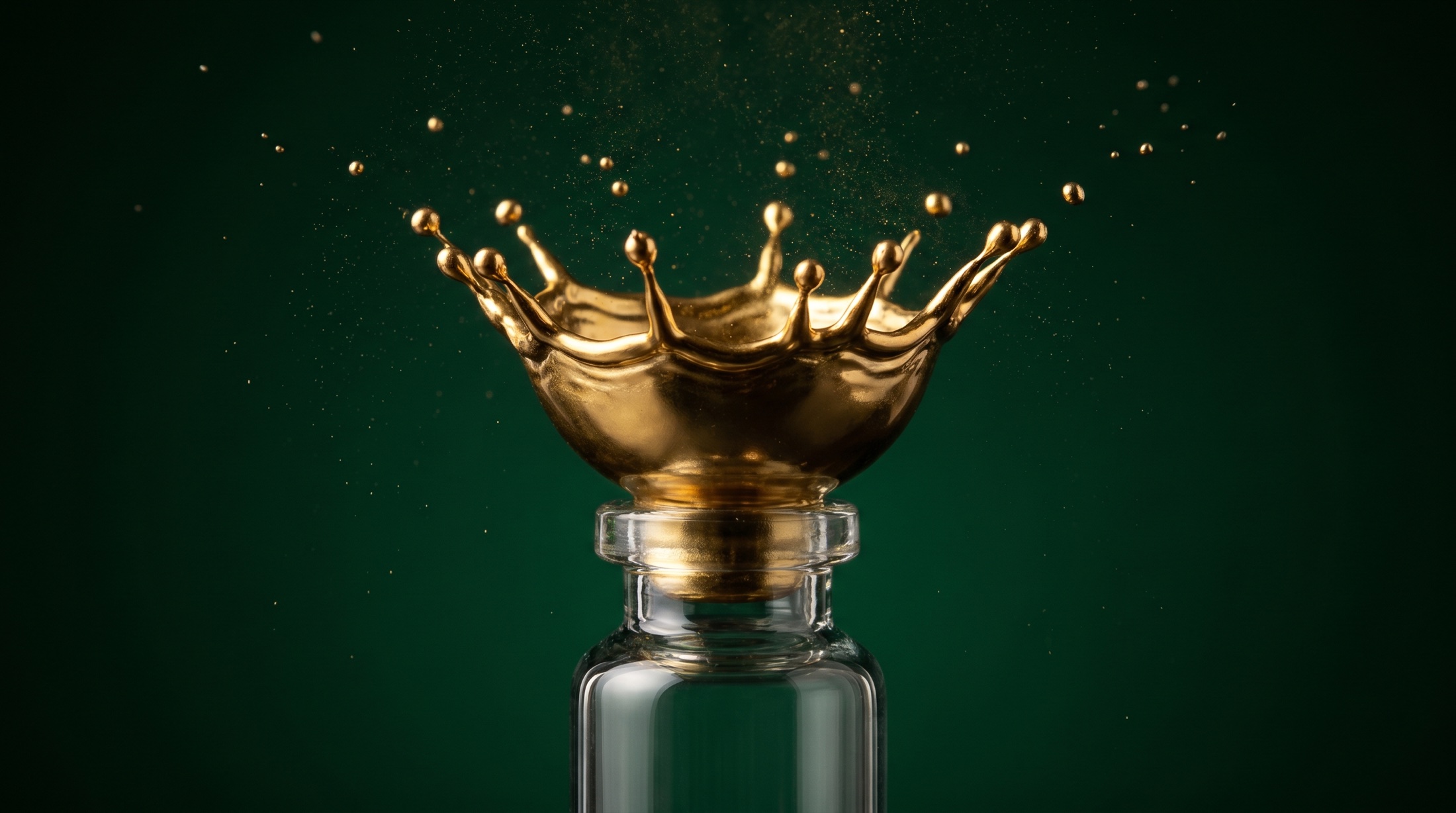 Liquid gold splash erupting from a NAD+ vial